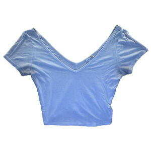 Bozzolo Womens Ribbed Crop Top Medium Light Lavender V-Neck Short Sleeve Stretch